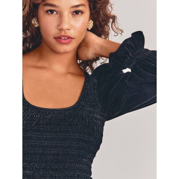 NWOT LoveShackFancy Dorset Velvet Smocked Long Sleeve Mini Dress in Black Sz M - Picture 6 of 16